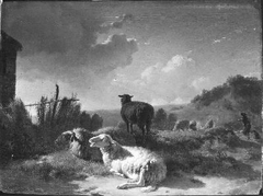 Een kudde schapen in bergachtig landschap by Balthasar Paul Ommeganck