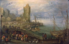 Fish market near a harbor by Jan Brueghel the Elder