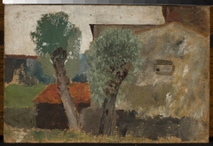 Fragment of a house with two trees by Tadeusz Makowski