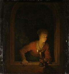 Girl with Oil Lamp at a Window (Curiosity) by Gerard Dou