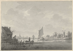 Het dorp Zijp aan de Lek, met zeilschepen op de rivier by Nicolaas Wicart