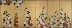 Hollyhocks [left of a pair of Plum Trees and Hollyhocks] by Ogata Kenzan