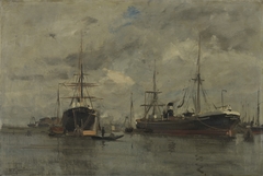 In the docks (Amsterdam) by Hendrik Willebrord Jansen