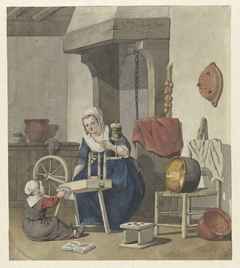 Interieur met een spinnende vrouw met een kind by W. Barthautz