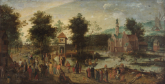 Landscape with castle and tavern by Jacob Grimmer