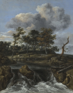 Landscape with waterfall and wooden footbridge by Jacob van Ruisdael