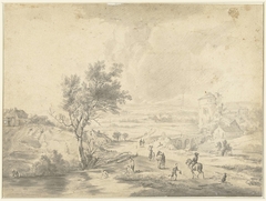 Landschap met een ruiter, baders en wandelaars by Unknown Artist