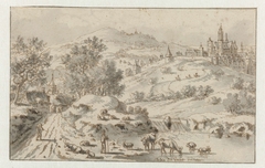 Landschap met gezicht op een ommuurde stad by Josua de Grave