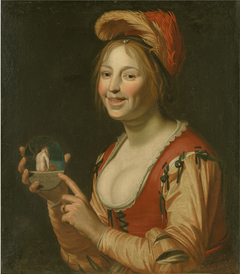 Laughing Girl Showing a Small Picture of a Nude Woman Seen from Behind by Jan van Bijlert