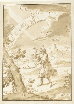 Man met wolfsoren ziet op naar dierenriem by Unknown Artist