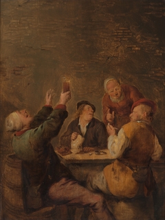 Merry company, three men at a table and a woman standing by Jan Miense Molenaer