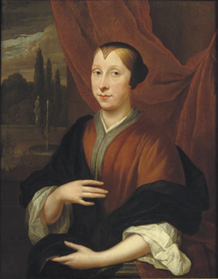 Portrait of a lady, three-quarter-length, in a brown dress, a classical garden beyond by Thomas van der Wilt