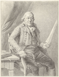 Portret van Reinier Vinkeles, zittend in een stoel met een blad papier in de hand by Jan Gerard Waldorp