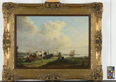 Rivierlandschap met vee by Johan Hendrik Boshamer