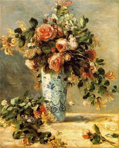 Roses and Jasmine in a Delft Vase by Auguste Renoir