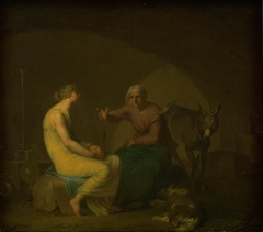 Røverbandens husholderske trøster den unge pige ved at fortælle myten om Amor og Psyche. Motiv fra Apulejus: Det gyldne æsel by Nicolai Abildgaard