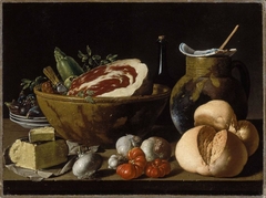 Still Life with Bread, Ham, Cheese, and Vegetables. by Luis Egidio Meléndez