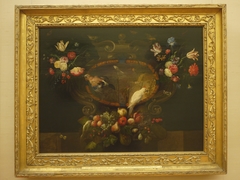 Stillleben mit Blumen, Früchten, Vögeln (?) by Gerard de Lairesse