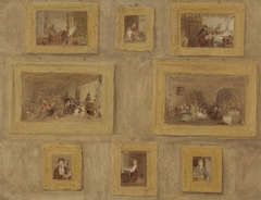 The Only Child; The Jew's Harp; The Cut Finger; Blind Man's Buff; The Rent Day; The Scotch Piper; The Prieu-Dieu; and Self Portrait: A Sketch of the Eight Paintings Framed and Hanging on a Wall by David Wilkie