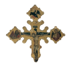 Three-lobed Cross. Recto: Christ on the Cross; in the three lobes: The Virgin, God and Saint John. Verso: Christ on the Cross; the attributes of the evangelists in the three lobes: Mark (Lion), Matthew (Angel) and John (Eagle) by Zanino di Pietro