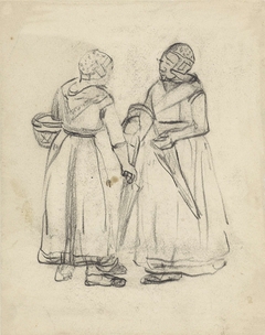 Twee staande vissersvrouwen, in gesprek by Johannes Abraham Mondt