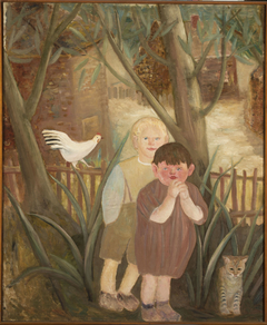 Two children with a cat by Tadeusz Makowski