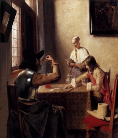 Two soldiers playing cards and a girl filling a pipe by Pieter de Hooch