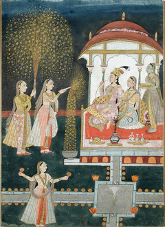 Two women sit beneath a pavilion and watch the fireworks held by three maids by Anonymous