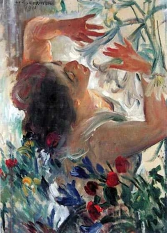 Femme avec des lys dans une serre by Lovis Corinth