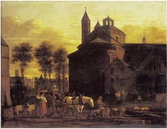 View of  a Horse and Cart before the Church of the Holy Apostles, Cologne by Gerrit Adriaenszoon Berckheyde