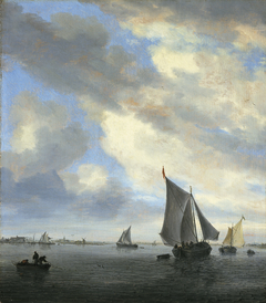 View of a lake with sailing ships by Salomon van Ruysdael