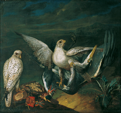 Weiße Jagdfalken mit einem Fischreiher by Philipp Ferdinand de Hamilton