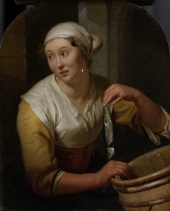 Woman selling herring by Godfried Schalcken