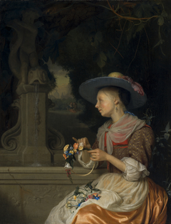 Woman Weaving a Crown of Flowers by Godfried Schalcken