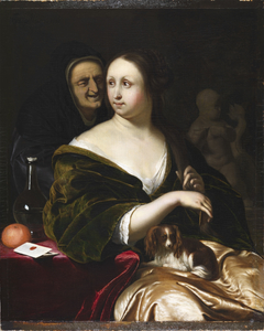 Woman with A Lapdog, Accompanied by a Maidservant by Frans van Mieris the Elder