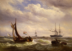 Zeegezicht met zeilschepen, sloep en stoomboot by Louis Meijer