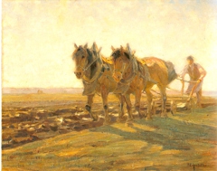 Zwei pflügende Braune bei Dachau by Friedrich Eckenfelder
