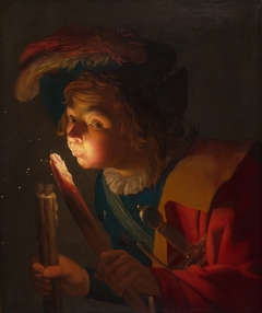 A Boy Blowing on a Firebrand by Gerard van Honthorst