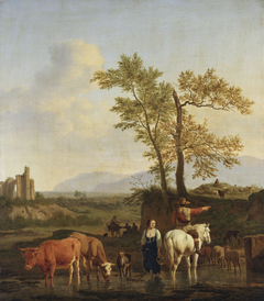 A Horseman at a Ford, Asking the Way of a Herdswoman, in an Italianate Landscape by Adriaen van de Velde