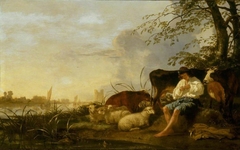 A Peasant Boy with Cattle and Sheep by Anonymous