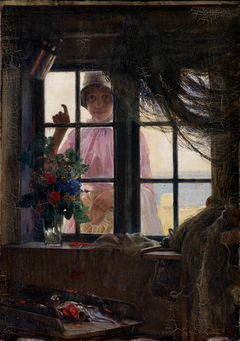 After the Bath. A Young Girl Knocking at the Fisherman's Window by Carl Bloch