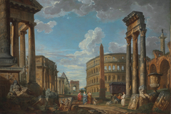 An architectural capriccio with figures among Roman ruins by Giovanni Paolo Panini