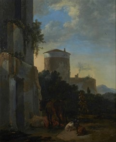 An italianate village street with a horse, goats, and man on a donkey by Adriaen van der Cabel