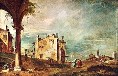 Capriccio: Ruins of an Arch and Farmhouses by a Lagoon by Francesco Guardi