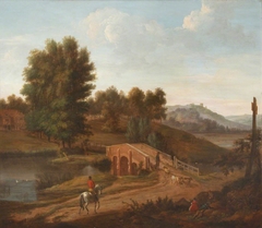 Classical River Landscape with Stone Bridge and a  Distant Castle on a Hill with Horseman on a Road by Anonymous