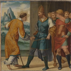 Cyriakus-Folge: Kaiser Diokletian reicht dem hl. Cyriakus die Hand by Barthel Bruyn the Elder