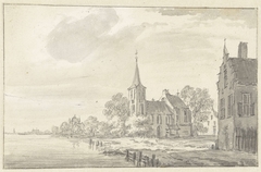 Dorpskerk en huizen aan een rivier by Pieter Jan van Liender