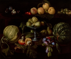 Figs on a Tazza with Pears, Quinces, Melons, Plums, Mushrooms on a Table, with Figs, Cherries, Peaches, and Acorns on a Ledge Above by Giovanni Battista Crescenzi