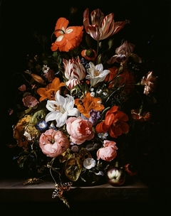 Flowers in a glass vase on a marble table by Rachel Ruysch