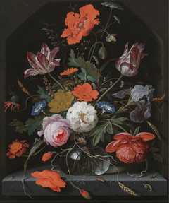 Flowers in a Vase on a plinth by Abraham Mignon